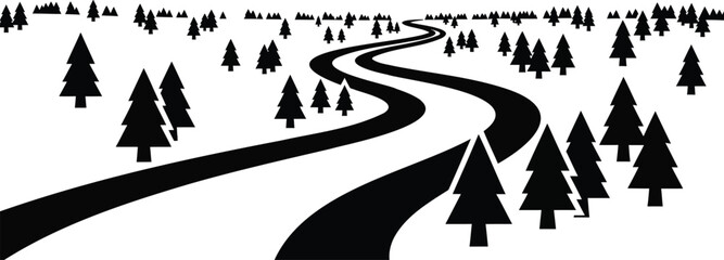 Scenic winding road gracefully meanders through a dense, stylized pine forest under an expansive sky