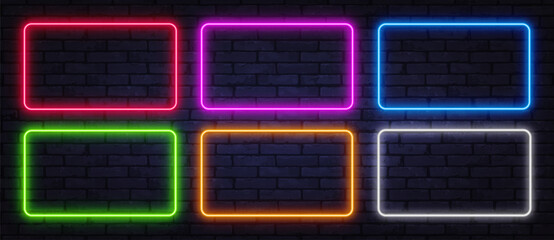 Colorful neon rectangles glowing on a dark brick wall. Bright modern background in red, pink, blue, green, orange, and white perfect for digital art or signage.