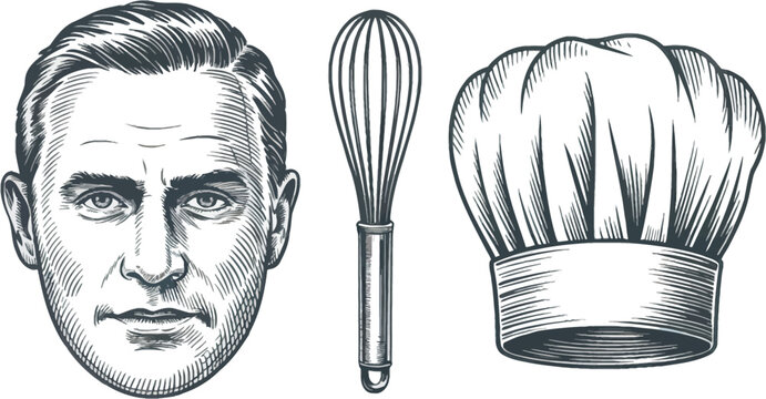 Vintage engraved cooking set vector illustration featuring male portrait, kitchen whisk and chef hat, isolated on transparent background for restaurant branding, menus and food marketing