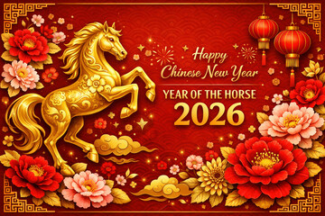 Luxurious Chinese New Year 2026 illustration with a golden horse, red background, lanterns, and blooming flowers symbolizing prosperity, celebration, and the Year of the Horse.