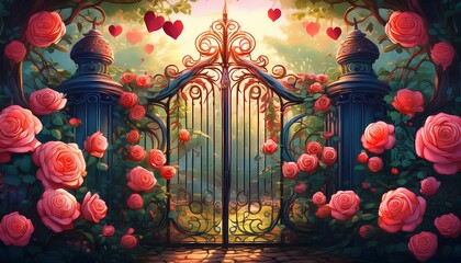 a secret garden filled with blooming roses hidden behind an ornate wrought iron gate adorned with intertwining hearts