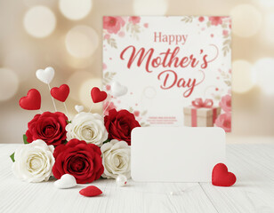 Happy Mother&rsquo;s Day composition with red and white roses, hearts, and a blank card on a soft background, elegant floral greeting concept with copy space.