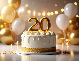 Elegant celebration cake with golden number 20 candles and balloons, festive milestone birthday scene symbolizing longevity, joy, honor, and special life celebration.