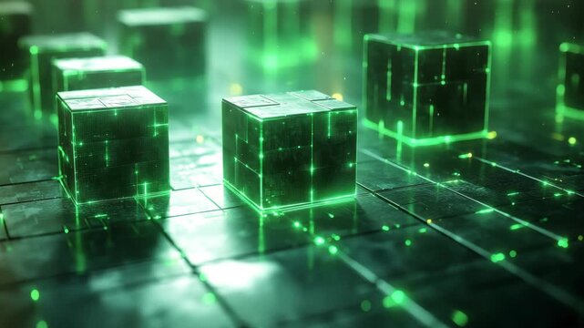 An immersive grid of glowing green data cubes creating a seamless high-tech environment. The perfect abstract backdrop for tech presentations, title sequences, or event openers.