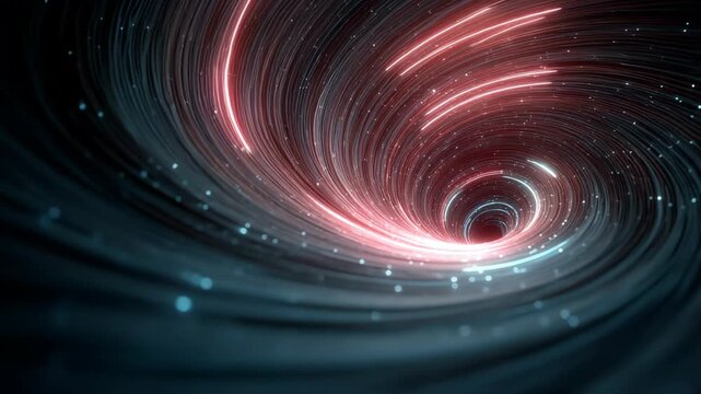 Futuristic flight through a swirling digital tunnel with red and blue light trails. A perfect motion background for technology, data transfer, and sci-fi projects