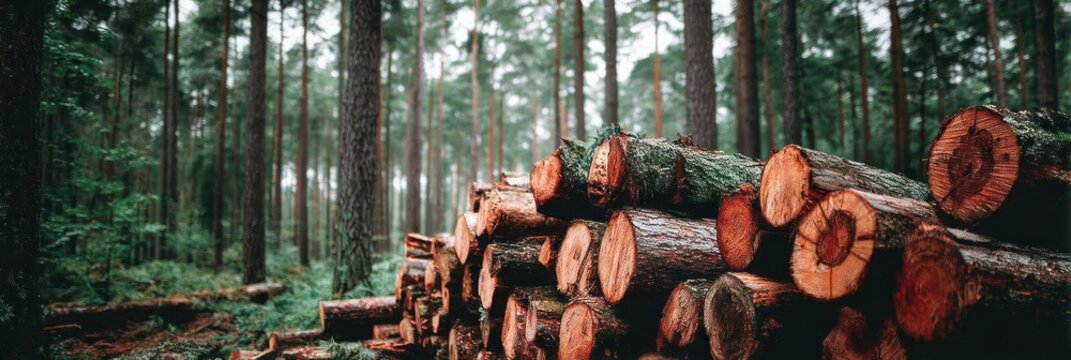 Logs stacked for processing in a forest during a cloudy day near a logging site
