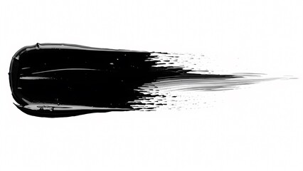 Bold black paint brush stroke with textured edges and dynamic movement. Artistic ink brushstroke element for graphic design.
