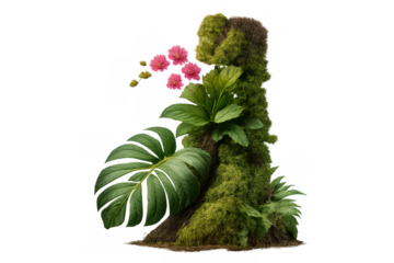 Tropical mossy growth with monstera leaf and pink flowers on natural tree trunk, transparent background