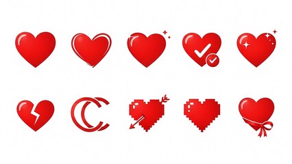 Collection of red heart icons in various styles including solid outlined pixelated and decorative designs. Love and romance symbol set for Valentine themes.