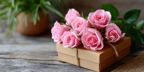 Pink roses on gift box with rustic wooden background for romantic occasions