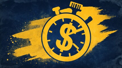 Clock with dollar sign in yellow and blue color scheme representing time and money management