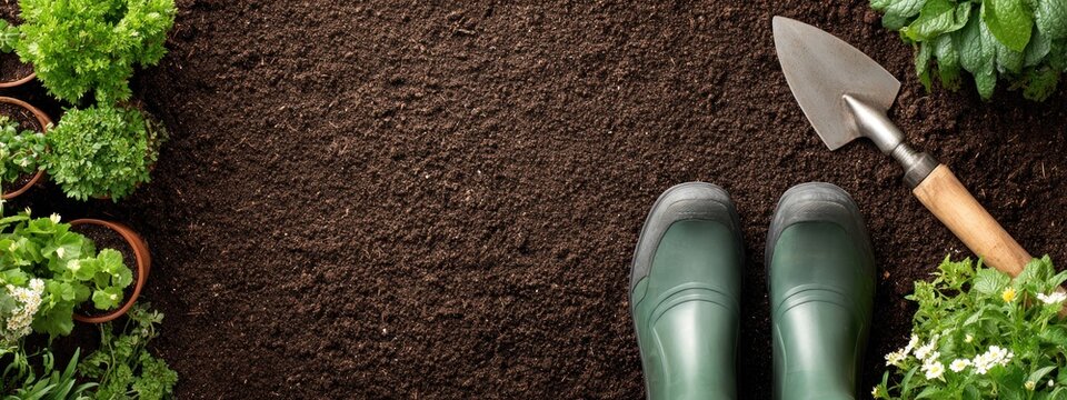 Gardening on soil with green boots and tools in a plant filled space in the afternoon