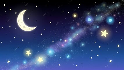Magical night sky with crescent moon and celestial galaxy featuring stars and shooting stars in dreamy blue atmosphere