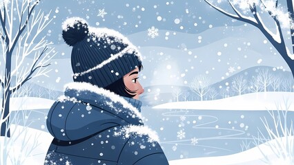 Character in winter coat enjoying snowy landscape with falling snowflakes and bare trees in blue monochrome style