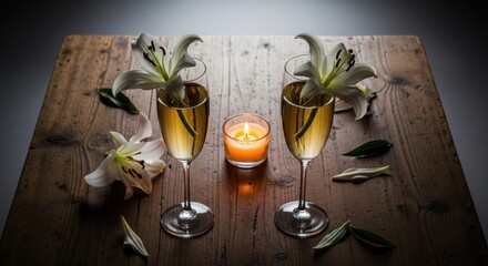 Romantic champagne toast two glasses candlelit evening table setting ambiance