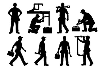 Silhouette plumbers at work: tools, actions, and poses for repair and maintenance