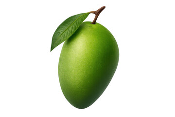 Large green mango fruit hanging from a stem with a fresh leaf, highlighting the benefits of natural and raw ingredients. Transparent background