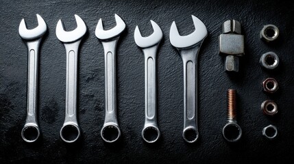 Wrenches with Bolts and Nuts on Black Background