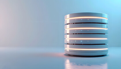 Futuristic cylindrical data storage tower with glowing horizontal light bands displayed on clean modern background