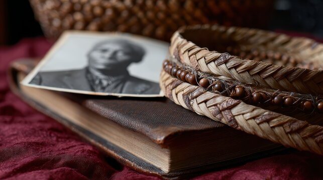 historical artifact display, a striking flat lay with historical artifacts, a civil rights leaders vintage item, foundational text, african american craft, on textured velvet