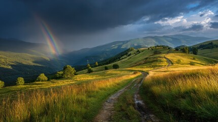 Summer Mountain Landscape with Rainbow and Rural Road