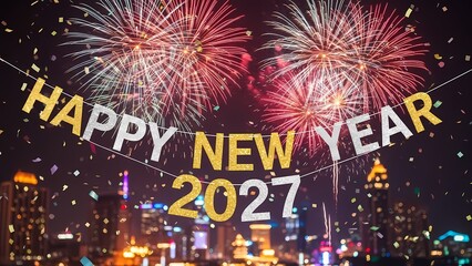 Happy New Year 2027 golden light banner with fireworks bursting over illuminated city at night