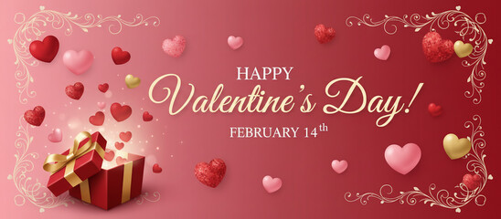Happy Valentine&rsquo;s Day festive banner with hearts, gift box, ribbons, and elegant typography on a pink background celebrating love and romance.