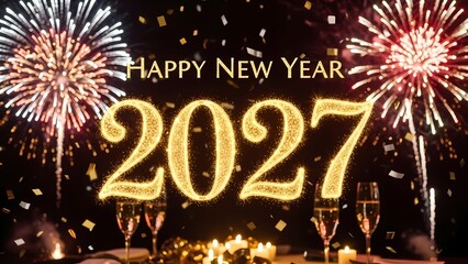 Elegant Happy New Year 2027 golden numbers with fireworks candles and warm bokeh celebration scene