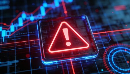 Futuristic user interface with red alert on suspicious transaction, holographic grid background, AI fintech protection 