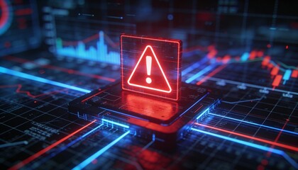 Futuristic user interface with red alert on suspicious transaction, holographic grid background, AI fintech protection 