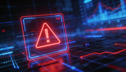 Futuristic user interface with red alert on suspicious transaction, holographic grid background, AI fintech protection 