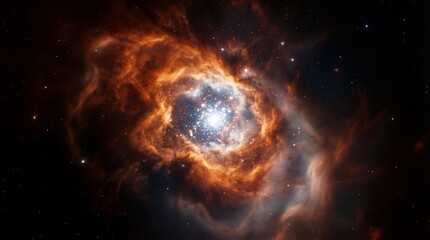 A vibrant galaxy swirls in space with stars and orange clouds of gas