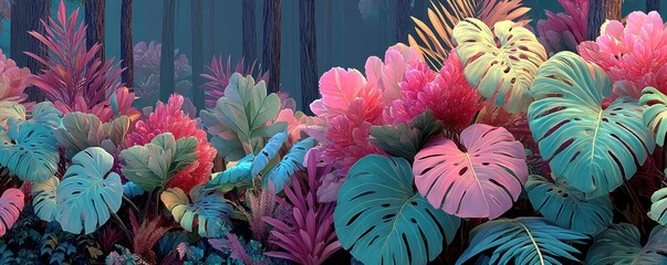 Colorful Neon Jungle Scene with Monstera Leaves and Bright Ferns in a Tropical Setting