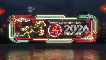 Festive Chinese New Year 2026 neon sign with zodiac horse, red lanterns, and glowing decorative lights celebrating Lunar New Year traditions.