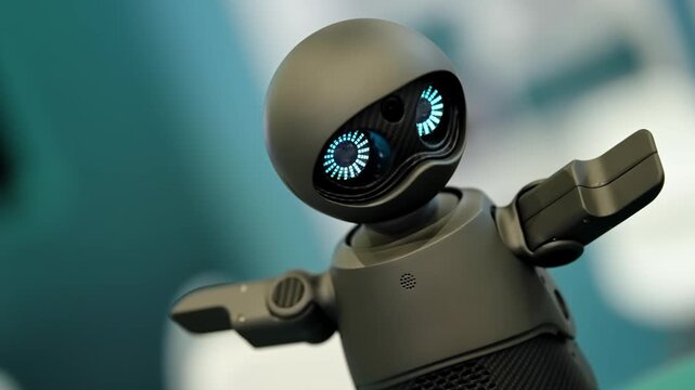 Adorable compact companion robot with glowing animated eyes and outstretched arms in a modern indoor setting, showing a friendly demeanor and playful gesturing during a demo.