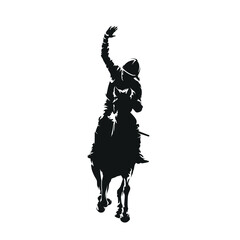 High contrast vector illustration of a female jockey riding a racehorse, front view, raising her arm in a victory gesture. Isolated scene symbolizing horse racing success, competition, and triumph.