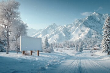 Blank white poster stands in a snowy landscape with mountains and pine trees