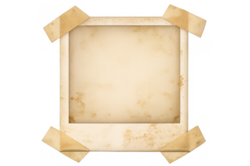 Blank instant camera film frame with aged paper effect and old adhesive tape, offering a nostalgic vintage mockup template