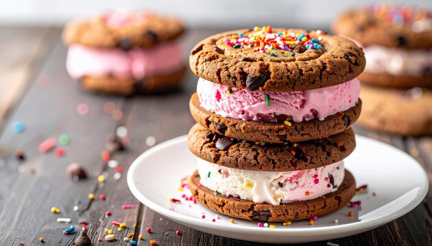 Stacked ice cream sandwiches with chocolate chip cookies, sprinkles, and pink & white scoops