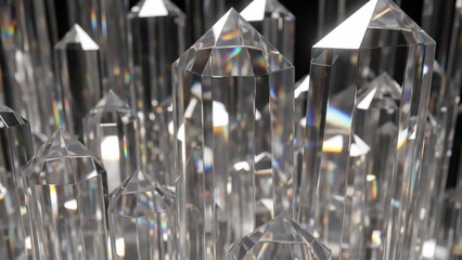 Closeup of many sharp, clear, transparent quartz crystal points clustered together with dramatic lighting and reflections