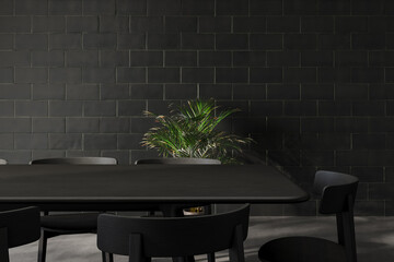 Close-up view of a black wooden dining table and chairs in a modern dark interior with brick wall and plant. 3D rendering