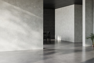 Modern interior design of apartment, empty interior with concrete flooring, windows, and suitable for various furniture and home decor mockups, panorama. 3d rendering