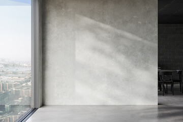 Modern interior design of apartment, empty interior with concrete flooring, windows, and suitable for various furniture and home decor mockups, panorama. 3d rendering