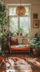 Bohemian home decor cozy living room filled with indoor plants image