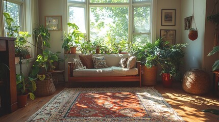 Bohemian home interior cozy sunlit living room plants picture