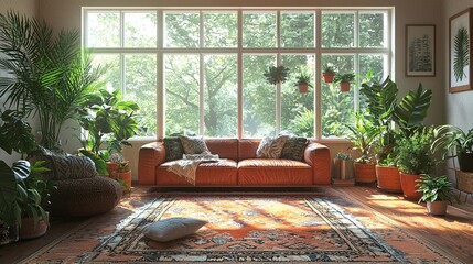 Bohemian interior cozy living room filled with houseplants image