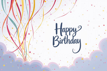Ribbons in red, orange, yellow, and green rise from fluffy purple clouds, surrounded by confetti and stars on a white background with Happy Birthday written in blue.