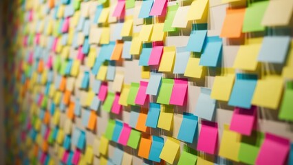 Wall covered with many colorful sticky notes in various shades of yellow, pink, blue, and green, creating a vibrant pattern