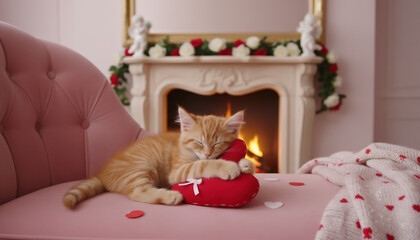 Adorable ginger kitten resting on a cozy sofa with a red heart near a decorated fireplace, warm Valentine&rsquo;s Day home atmosphere expressing love and comfort.