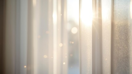 Fototapeta premium Gentle sunlight glowing through sheer curtains with floating dust particles creates an airy interior mood. Ideal background for wellness, mindfulness and modern lifestyle concepts. Cloud Dancer 2026
